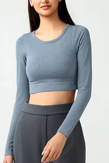 Studio Seamless Ribbed Long Sleeve Crop with Built In Bra